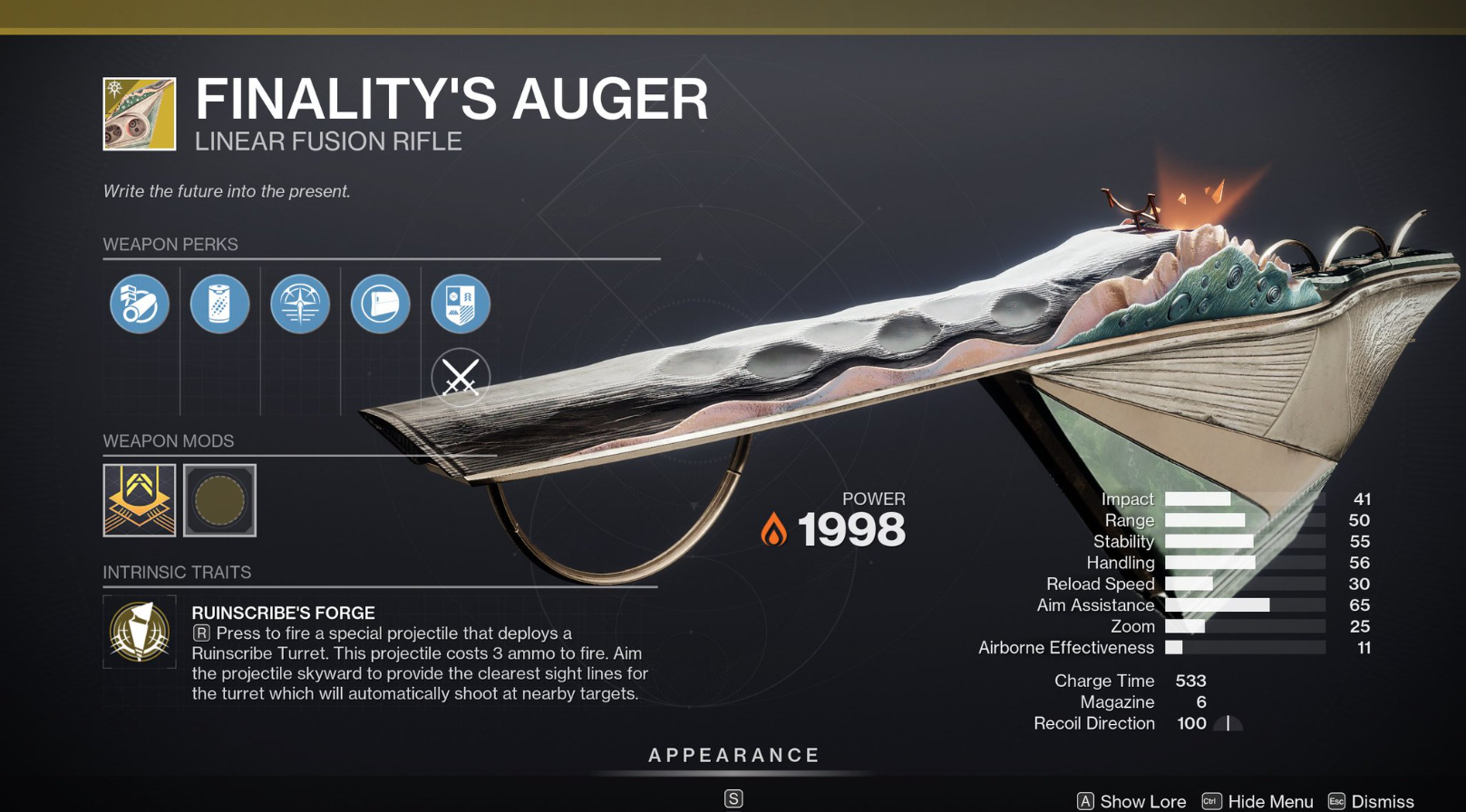 Finality's Auger, an exotic linear fusion rifle rewarded for completing Sundered Doctrine