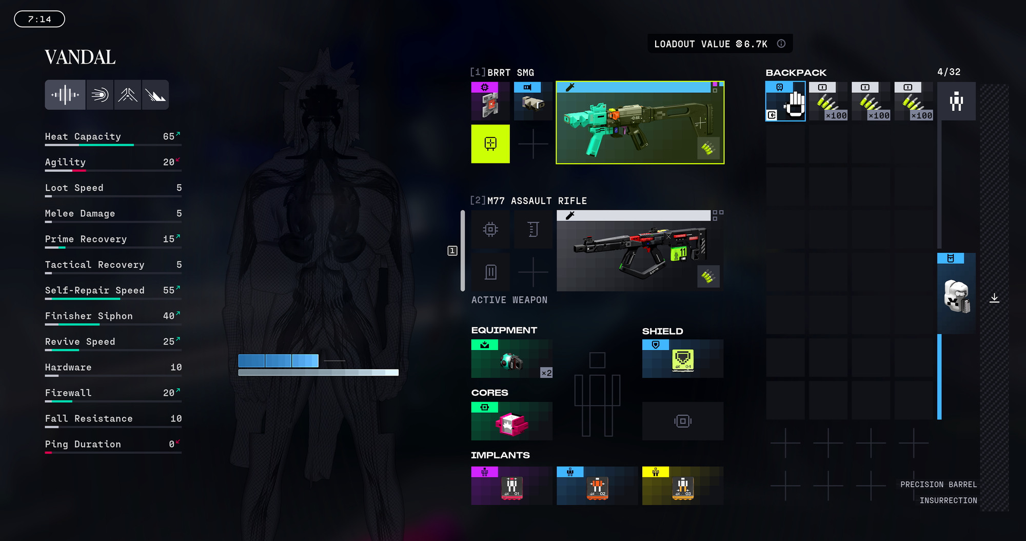 Runner inventory screen with core and implant slots