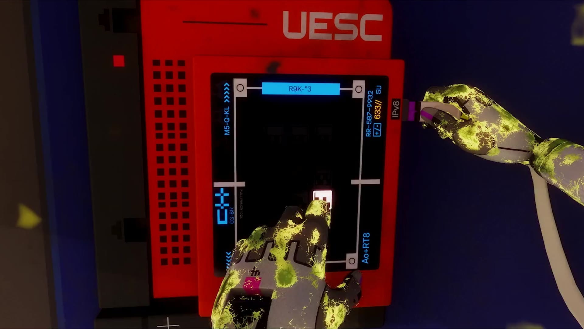 A Runner hacking a red UESC terminal aboard the Marathon