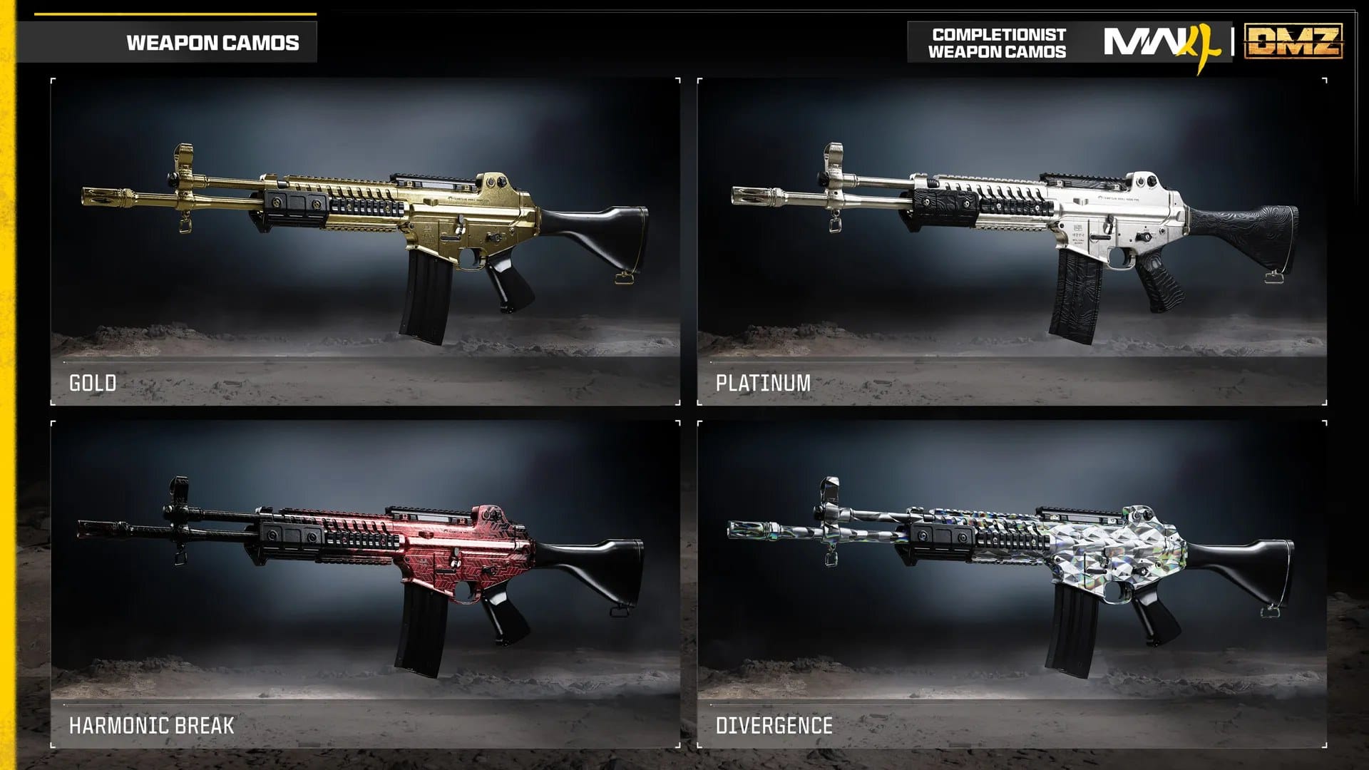 Gold, Platinum, Harmonic Break and Divergence camos on an assault rifle