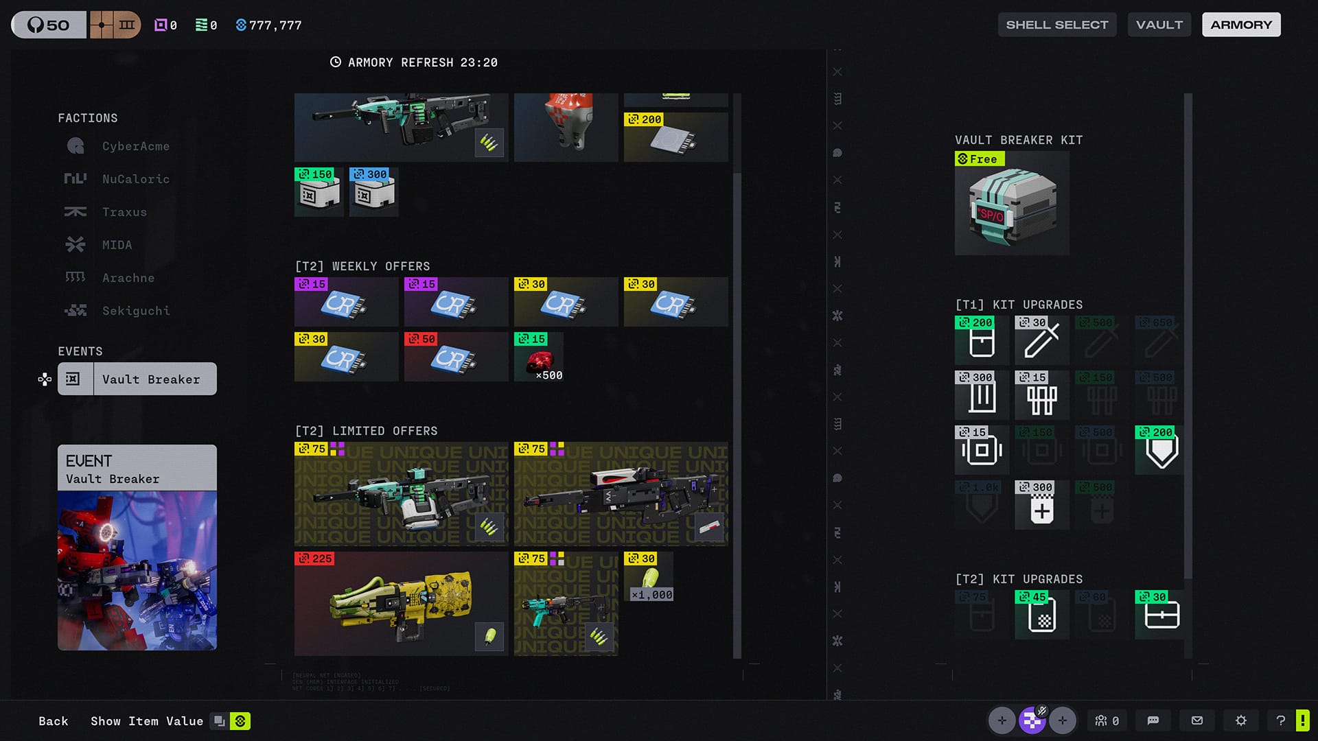 Vault Breaker Armory screen with Weekly Offers, Limited Offers, the Vault Breaker Kit and kit upgrades