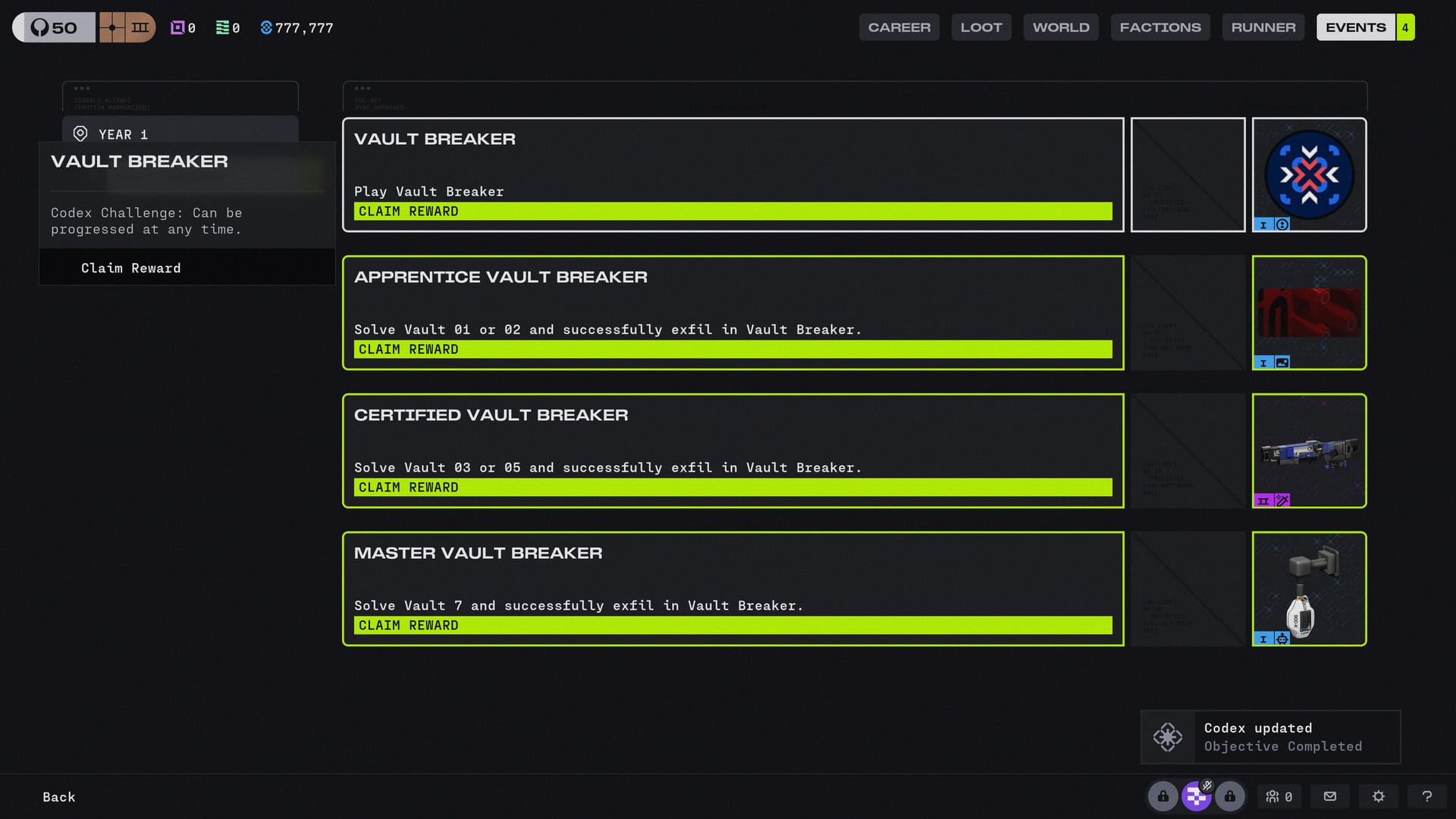 Vault Breaker Codex challenges in the Events tab