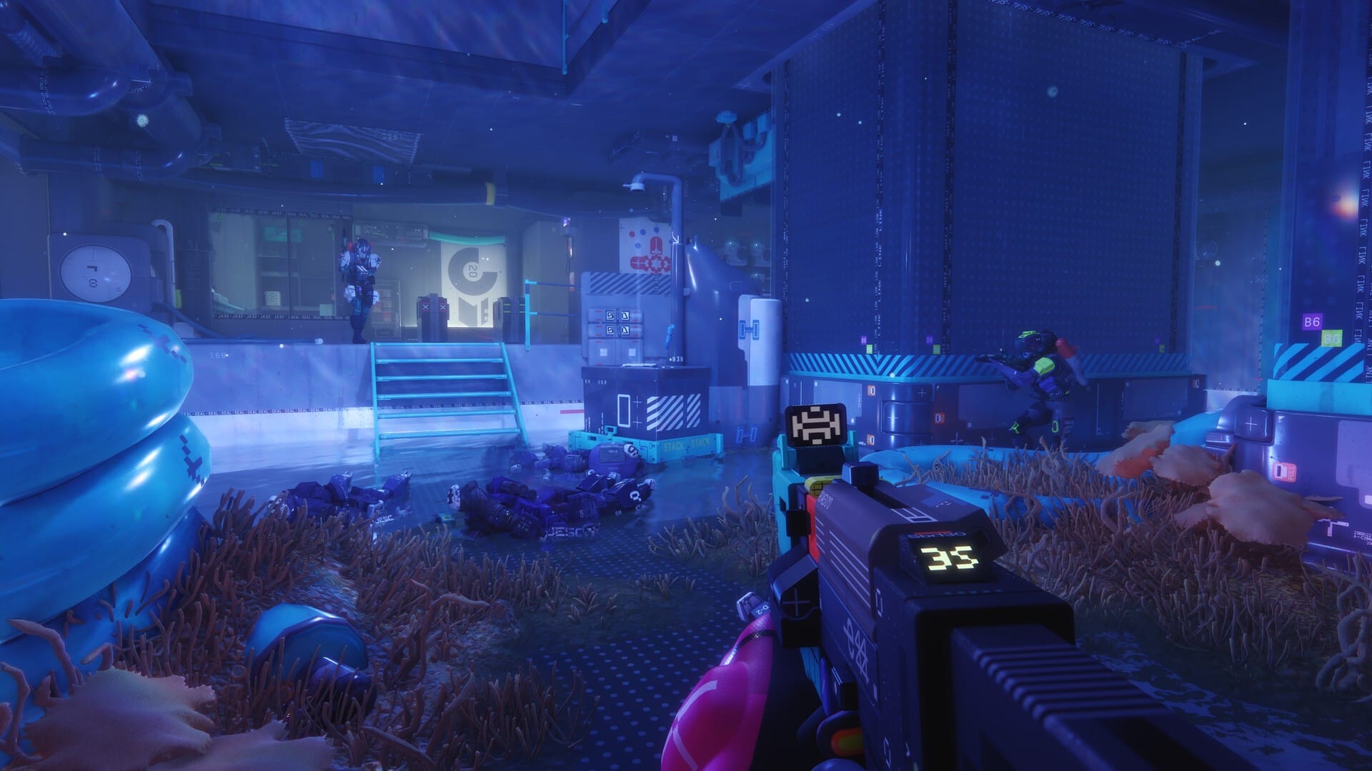 First-person view in a blue-lit Cryo Archive room in Marathon with enemy Runners across the deck