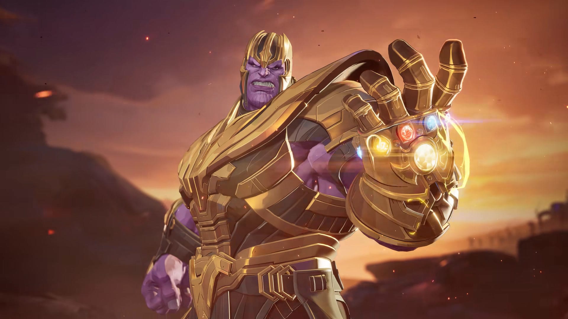 Thanos raising the Infinity Gauntlet in the Marvel Rivals Avengers: Endgame PvE mode