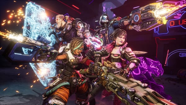 Four Borderlands 4 Vault Hunters with guns drawn in a neon-lit industrial area, with a glowing blue energy shield and a purple spectral panther behind them